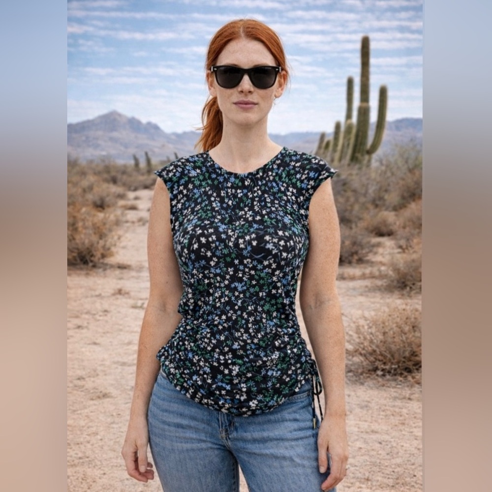 Nine West Floral Ruched Sleeveless Top Women’s Large